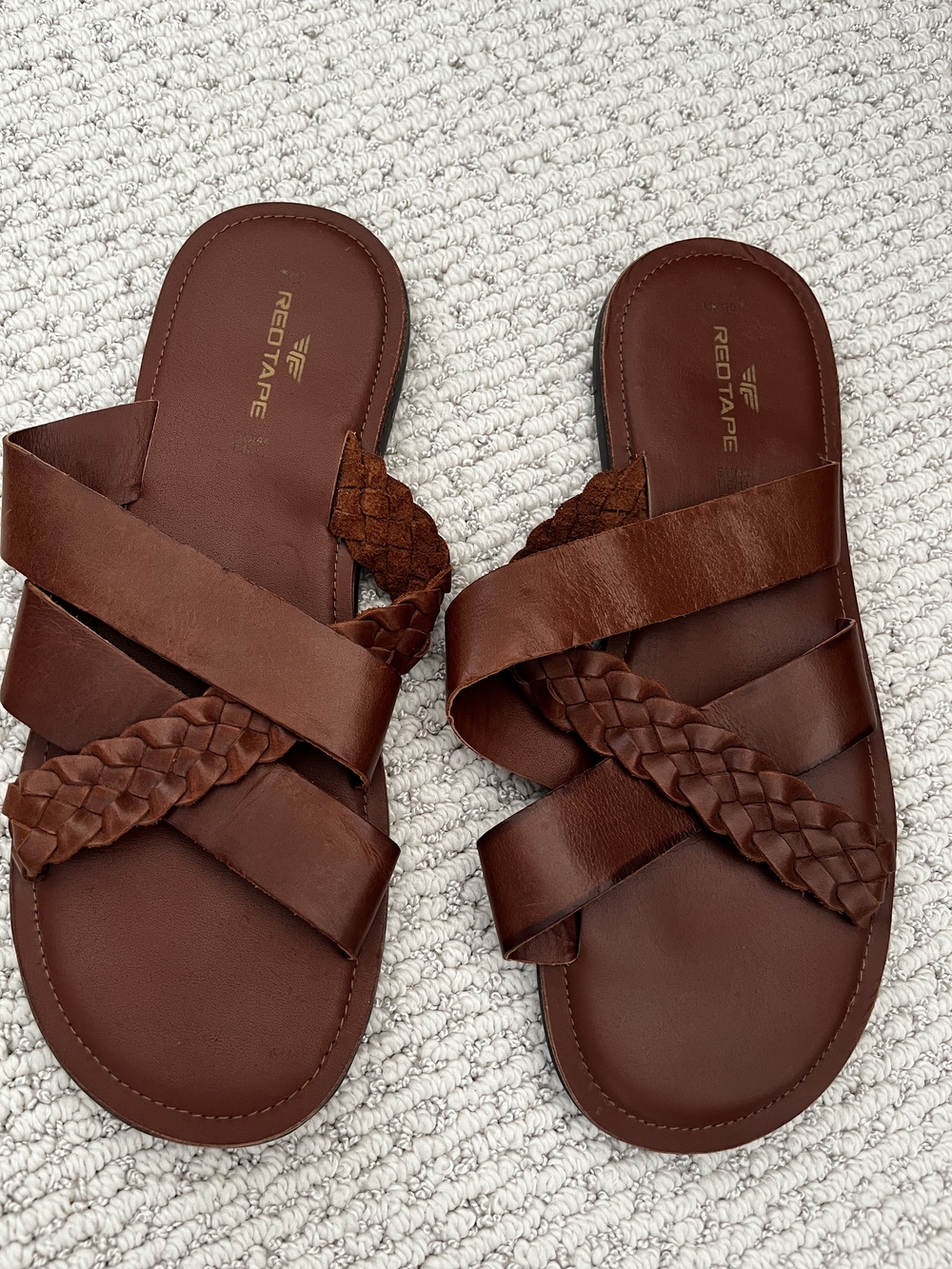 Red Tape Men's Braided Strap Brown Leather Slide Sandals Sz 10 - Picture 2 of 4